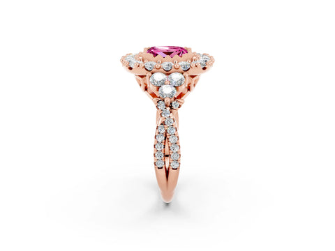 Rose gold Princess Cut Pink Sapphire Halo Ring with Pavé Band and Four-Prong Setting_14