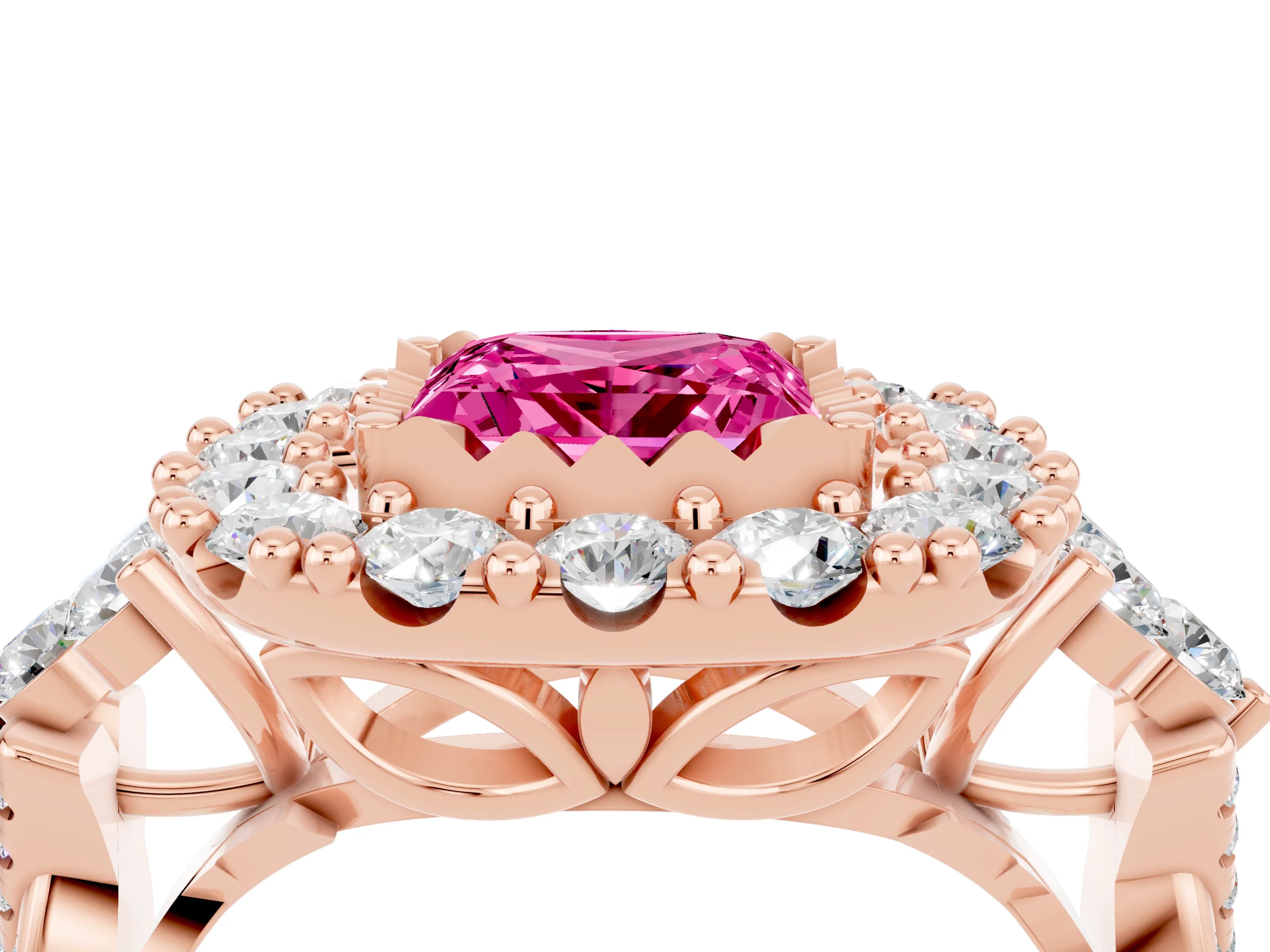 Rose gold Princess Cut Pink Sapphire Halo Ring with Pavé Band and Four-Prong Setting_16