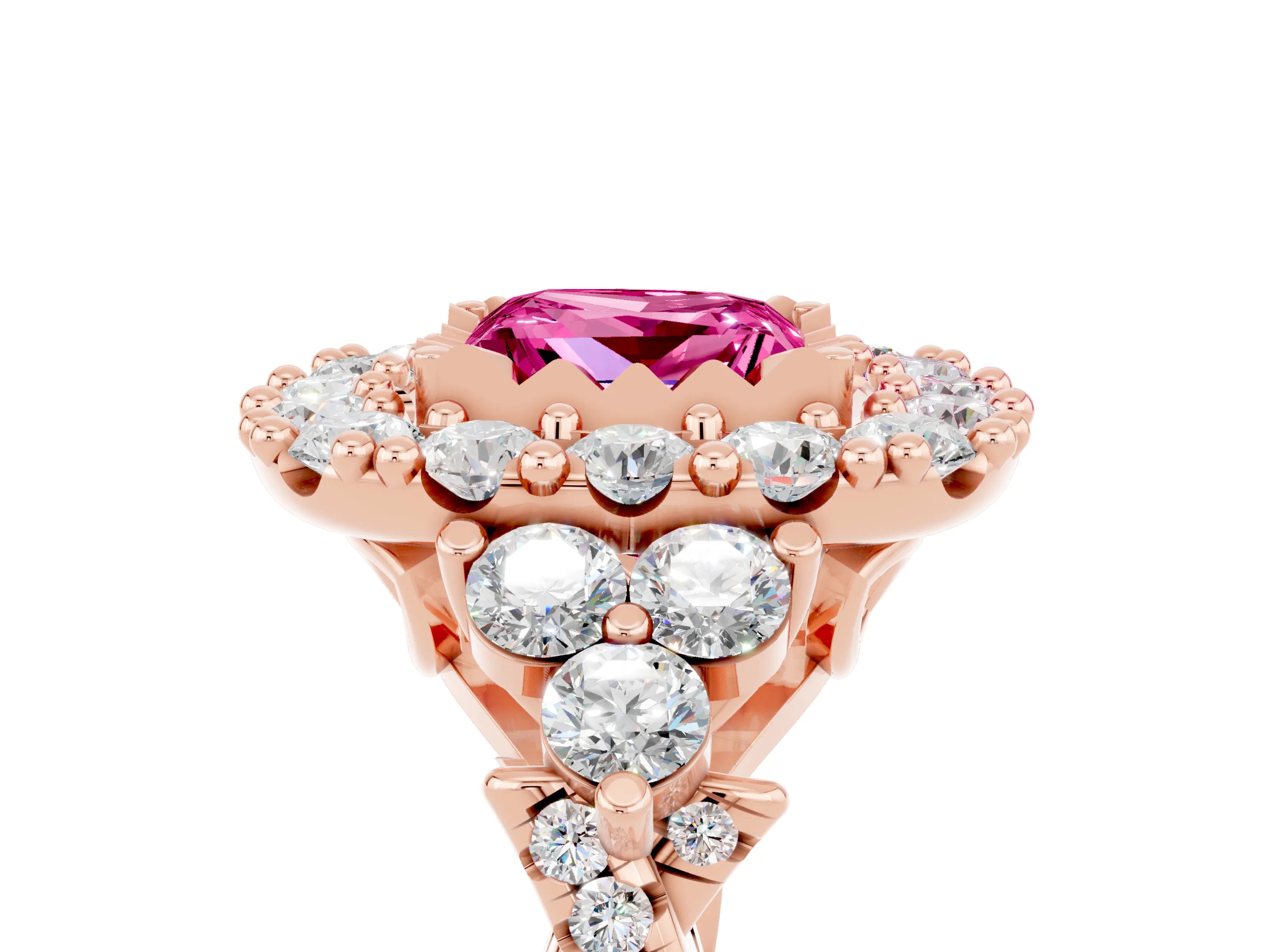 Rose gold Princess Cut Pink Sapphire Halo Ring with Pavé Band and Four-Prong Setting_17