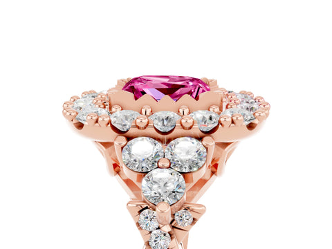 Rose gold Princess Cut Pink Sapphire Halo Ring with Pavé Band and Four-Prong Setting_17