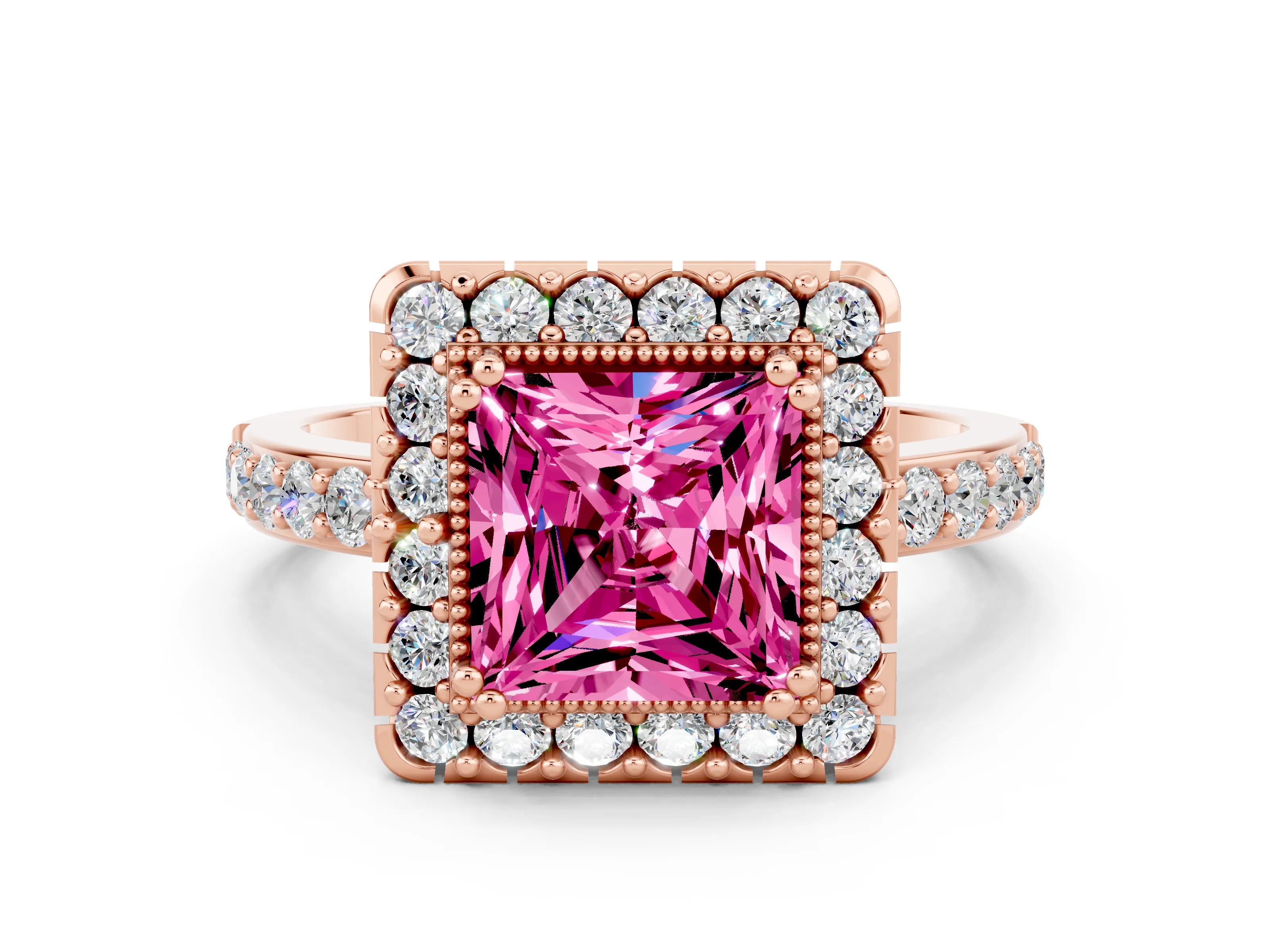 Rose gold Princess Cut Pink Sapphire Halo Ring with Pavé Band and Prong Setting