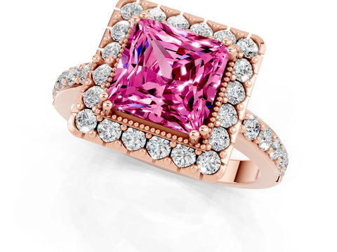 Rose gold Princess Cut Pink Sapphire Halo Ring with Pavé Band and Prong Setting_1