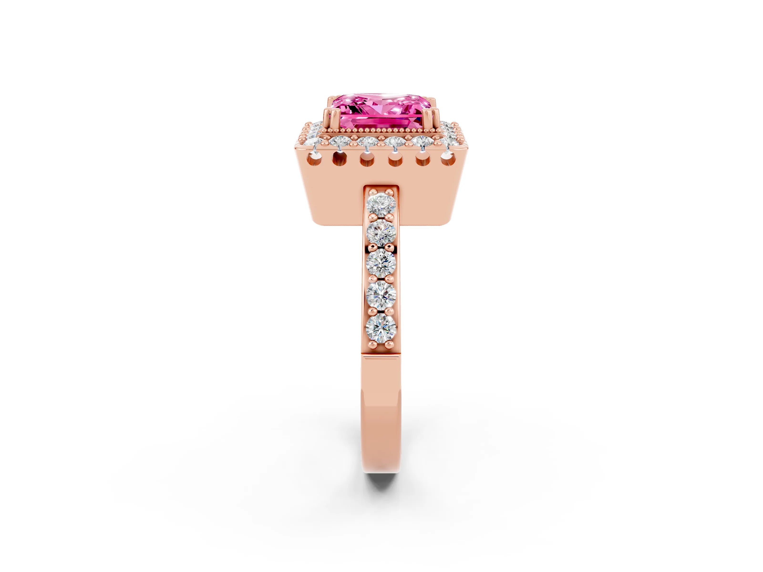 Rose gold Princess Cut Pink Sapphire Halo Ring with Pavé Band and Prong Setting_2