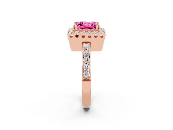Rose gold Princess Cut Pink Sapphire Halo Ring with Pavé Band and Prong Setting
