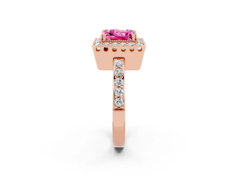 Rose gold Princess Cut Pink Sapphire Halo Ring with Pavé Band and Prong Setting_2
