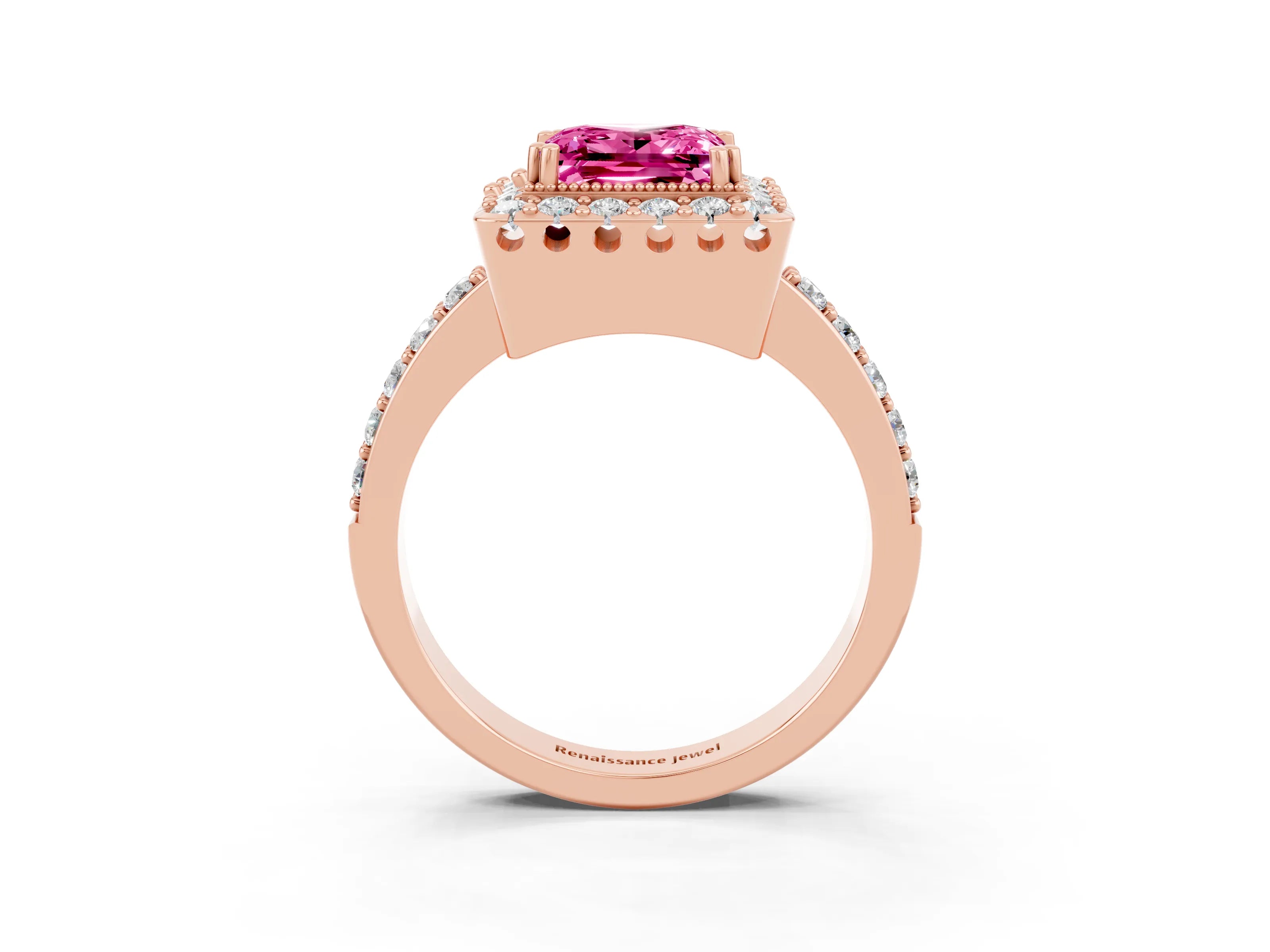 Rose gold Princess Cut Pink Sapphire Halo Ring with Pavé Band and Prong Setting_3