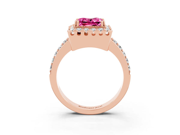 Rose gold Princess Cut Pink Sapphire Halo Ring with Pavé Band and Prong Setting