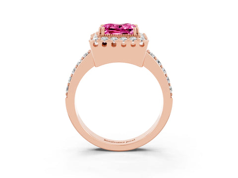 Rose gold Princess Cut Pink Sapphire Halo Ring with Pavé Band and Prong Setting_3