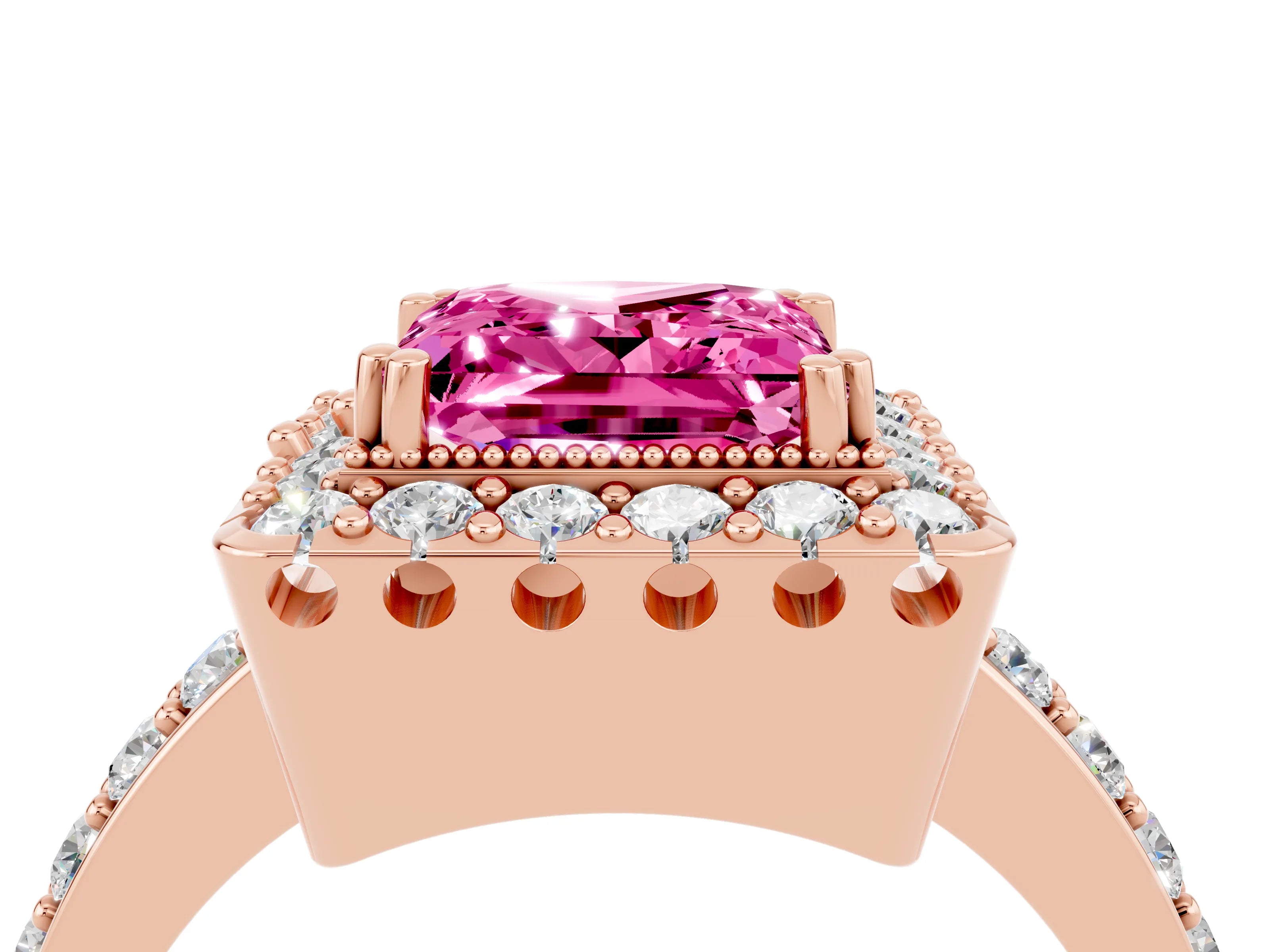 Rose gold Princess Cut Pink Sapphire Halo Ring with Pavé Band and Prong Setting_4