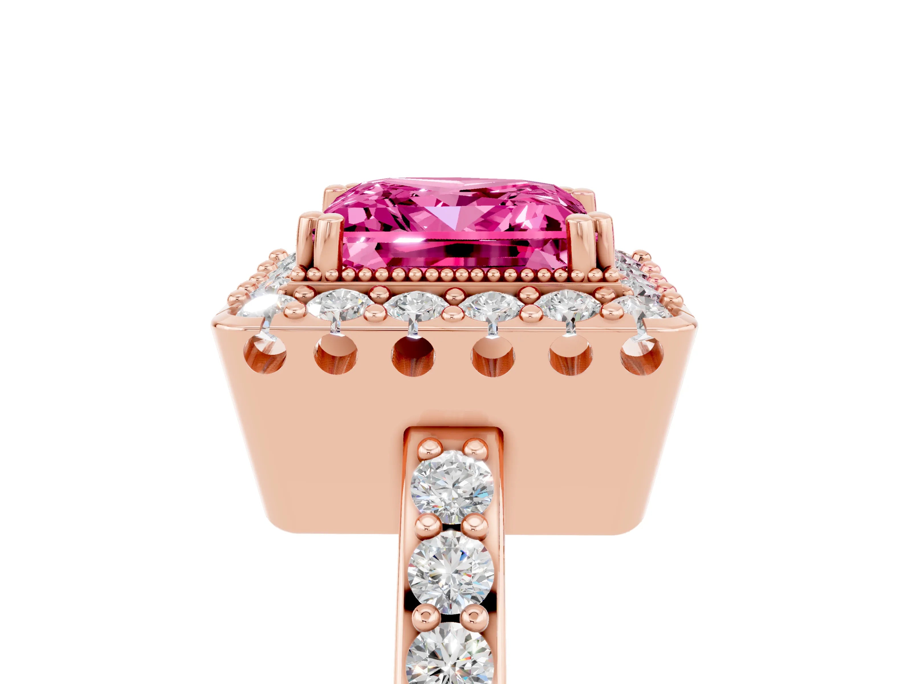 Rose gold Princess Cut Pink Sapphire Halo Ring with Pavé Band and Prong Setting_5