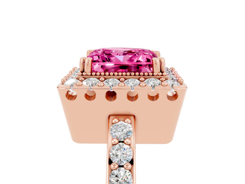 Rose gold Princess Cut Pink Sapphire Halo Ring with Pavé Band and Prong Setting_5