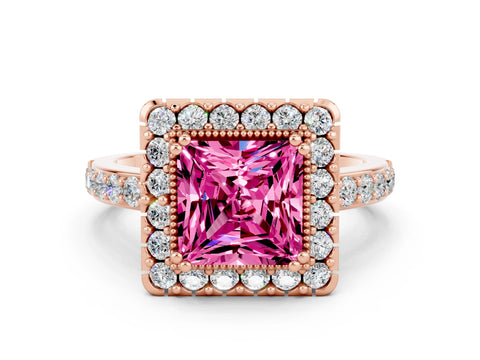 Rose gold Princess Cut Pink Sapphire Halo Ring with Pavé Band and Prong Setting
