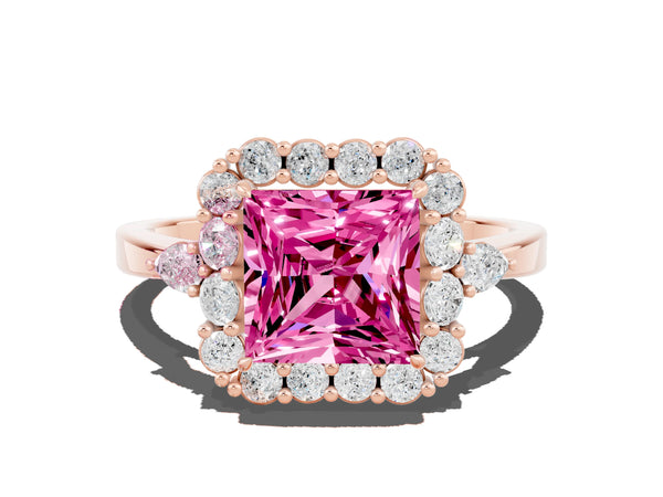 Rose gold Princess Cut Pink Sapphire Halo Ring with Pear Side Stones and Prong Setting