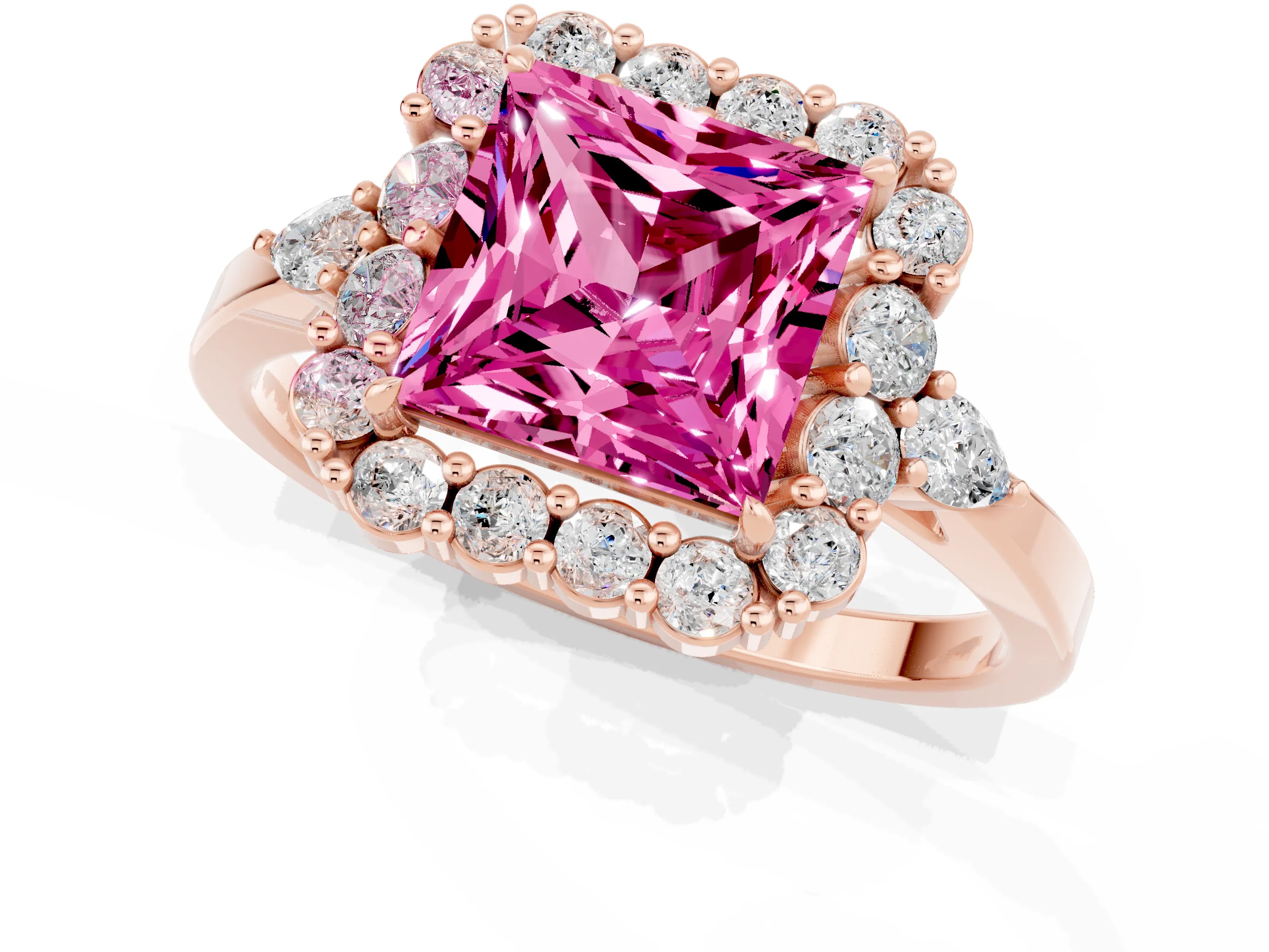 Rose gold Princess Cut Pink Sapphire Halo Ring with Pear Side Stones and Prong Setting_13
