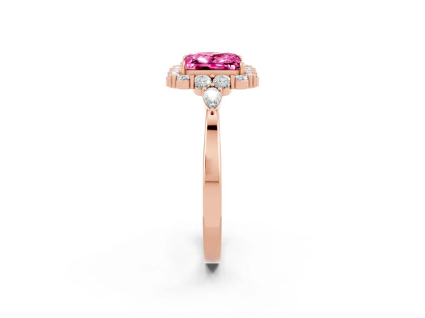 Rose gold Princess Cut Pink Sapphire Halo Ring with Pear Side Stones and Prong Setting