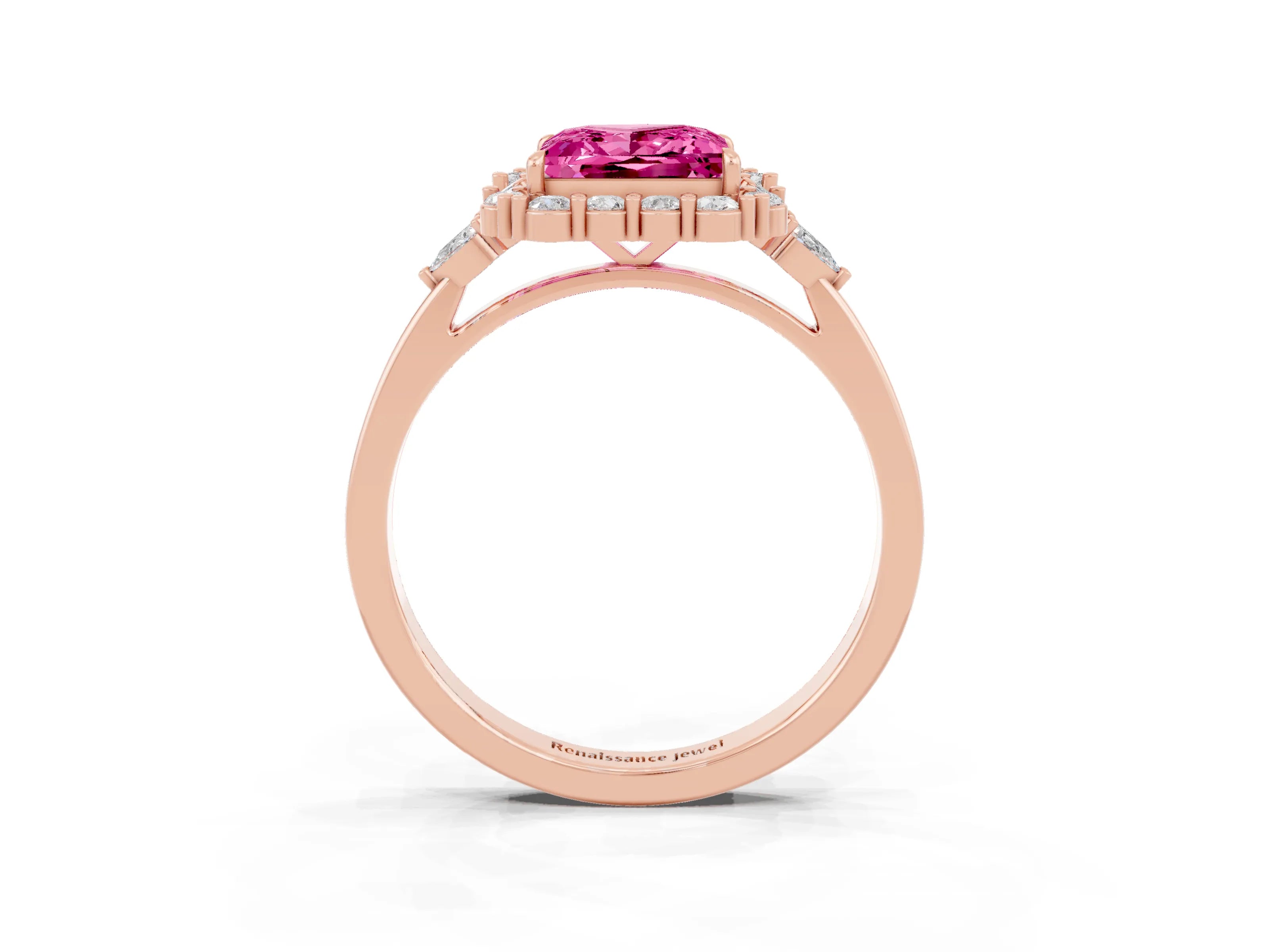 Rose gold Princess Cut Pink Sapphire Halo Ring with Pear Side Stones and Prong Setting_15