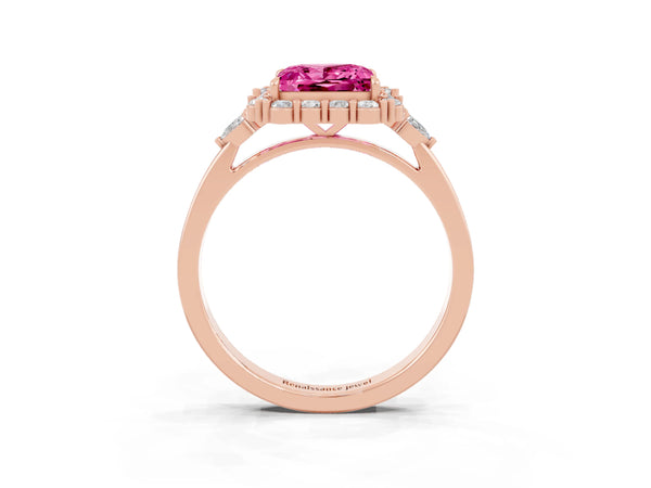 Rose gold Princess Cut Pink Sapphire Halo Ring with Pear Side Stones and Prong Setting