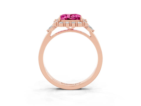 Rose gold Princess Cut Pink Sapphire Halo Ring with Pear Side Stones and Prong Setting_15