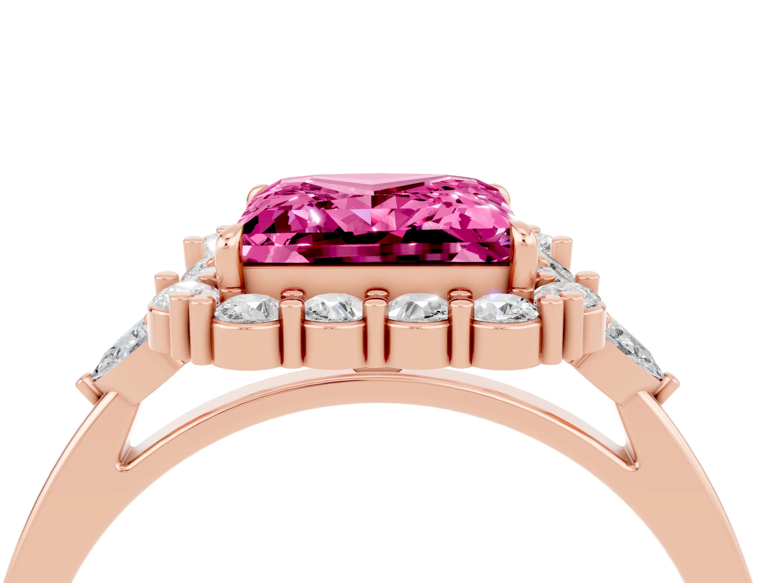 Rose gold Princess Cut Pink Sapphire Halo Ring with Pear Side Stones and Prong Setting_16
