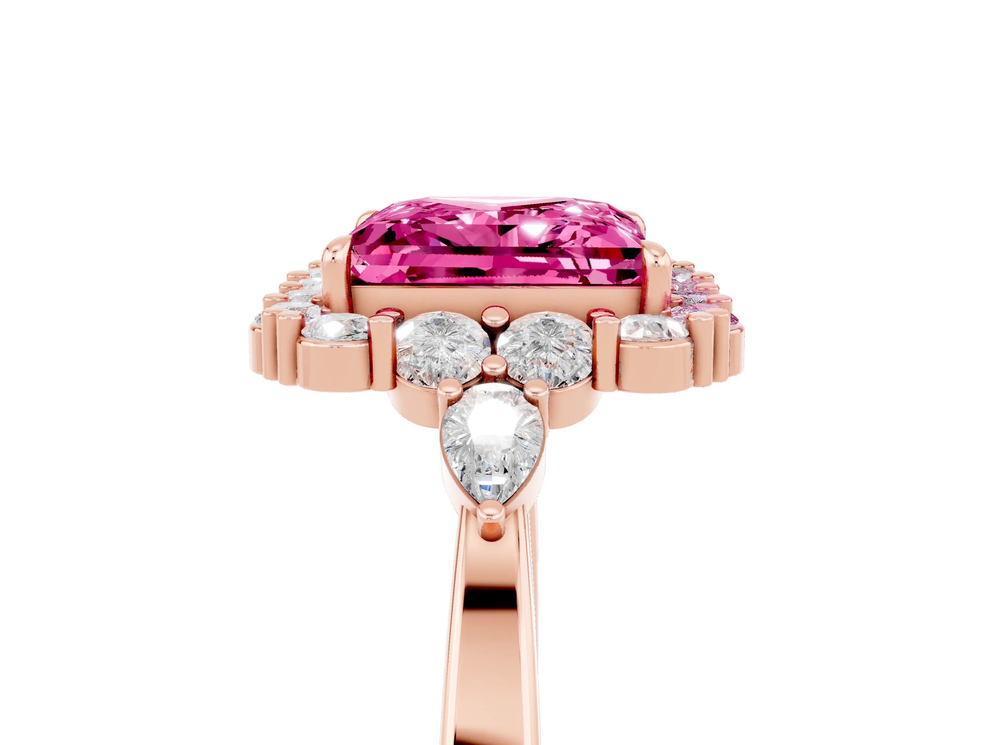 Rose gold Princess Cut Pink Sapphire Halo Ring with Pear Side Stones and Prong Setting_17