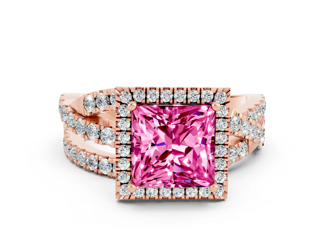 Rose gold Princess Cut Pink Sapphire Halo Ring with Round Split Shank and Prong Setting_48