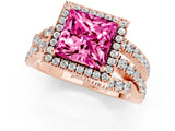 Rose gold Princess Cut Pink Sapphire Halo Ring with Round Split Shank and Prong Setting_49