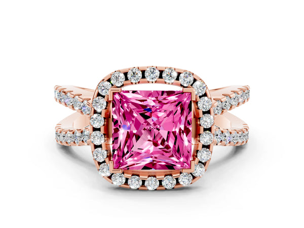 Rose gold Princess Cut Pink Sapphire Halo Ring with Split Shank Pavé Band and Prong Setting