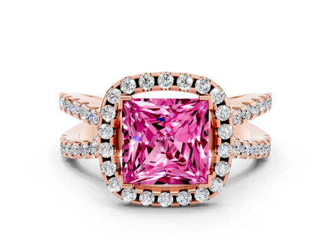 Rose gold Princess Cut Pink Sapphire Halo Ring with Split Shank Pavé Band and Prong Setting_12