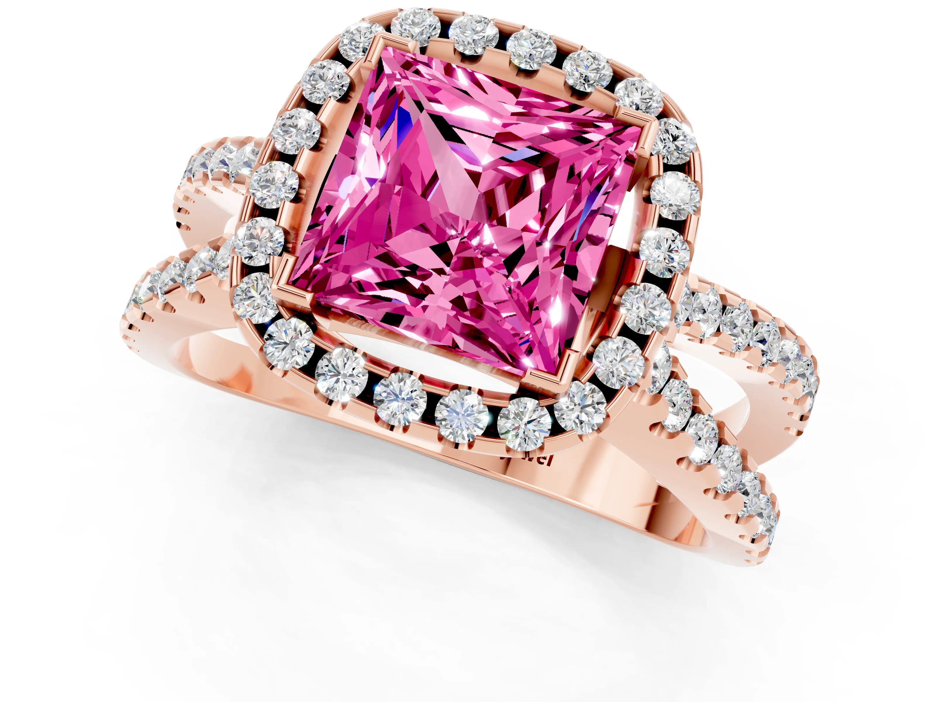 Rose gold Princess Cut Pink Sapphire Halo Ring with Split Shank Pavé Band and Prong Setting_13