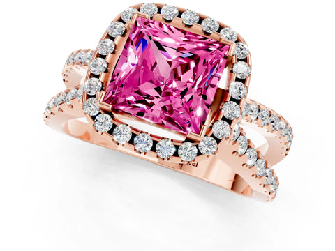 Rose gold Princess Cut Pink Sapphire Halo Ring with Split Shank Pavé Band and Prong Setting_13
