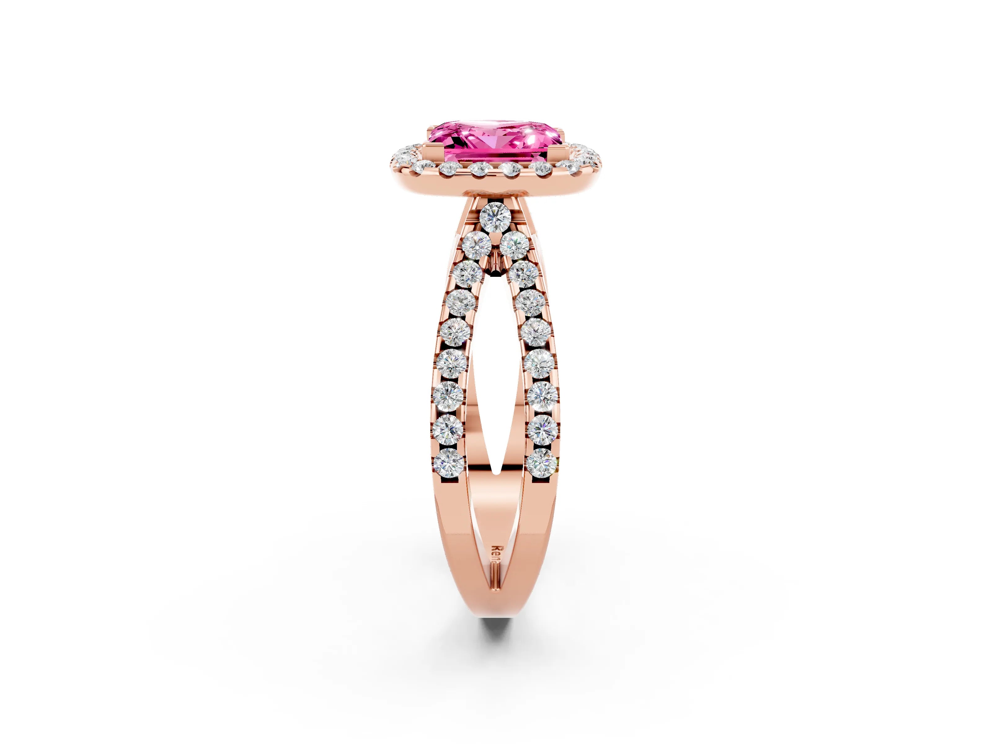 Rose gold Princess Cut Pink Sapphire Halo Ring with Split Shank Pavé Band and Prong Setting_14