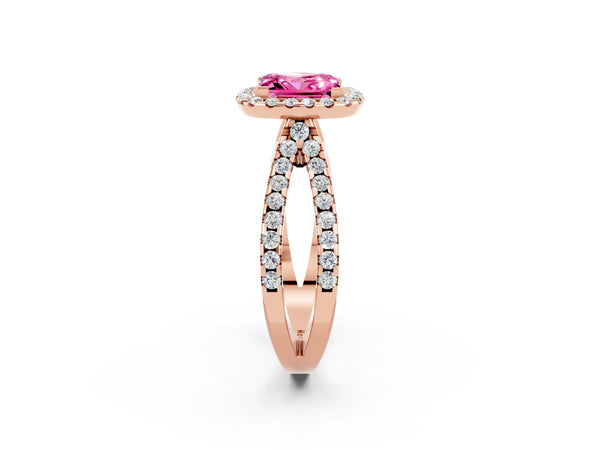 Rose gold Princess Cut Pink Sapphire Halo Ring with Split Shank Pavé Band and Prong Setting
