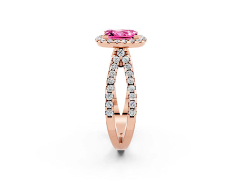 Rose gold Princess Cut Pink Sapphire Halo Ring with Split Shank Pavé Band and Prong Setting_14