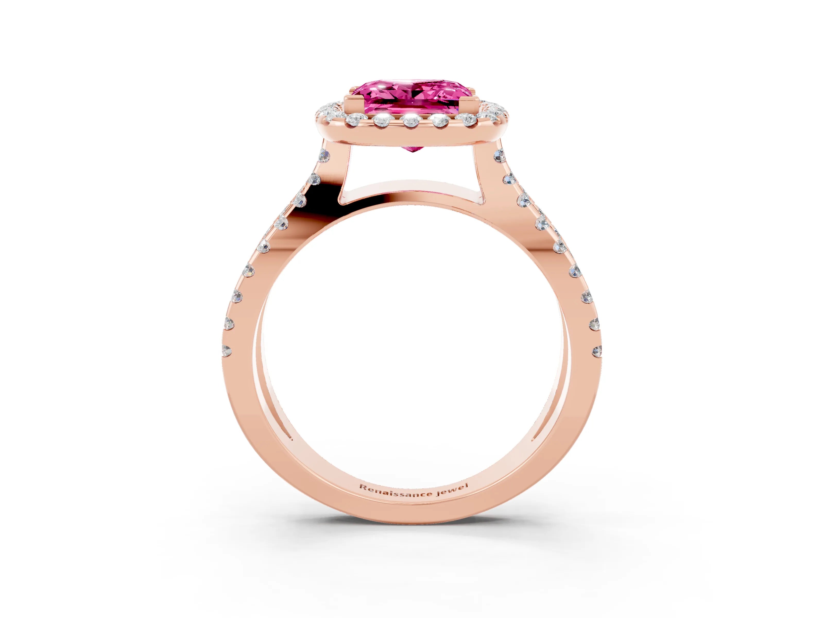 Rose gold Princess Cut Pink Sapphire Halo Ring with Split Shank Pavé Band and Prong Setting_15