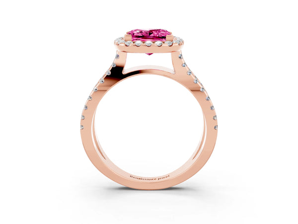 Rose gold Princess Cut Pink Sapphire Halo Ring with Split Shank Pavé Band and Prong Setting