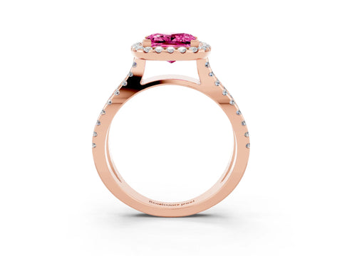 Rose gold Princess Cut Pink Sapphire Halo Ring with Split Shank Pavé Band and Prong Setting_15