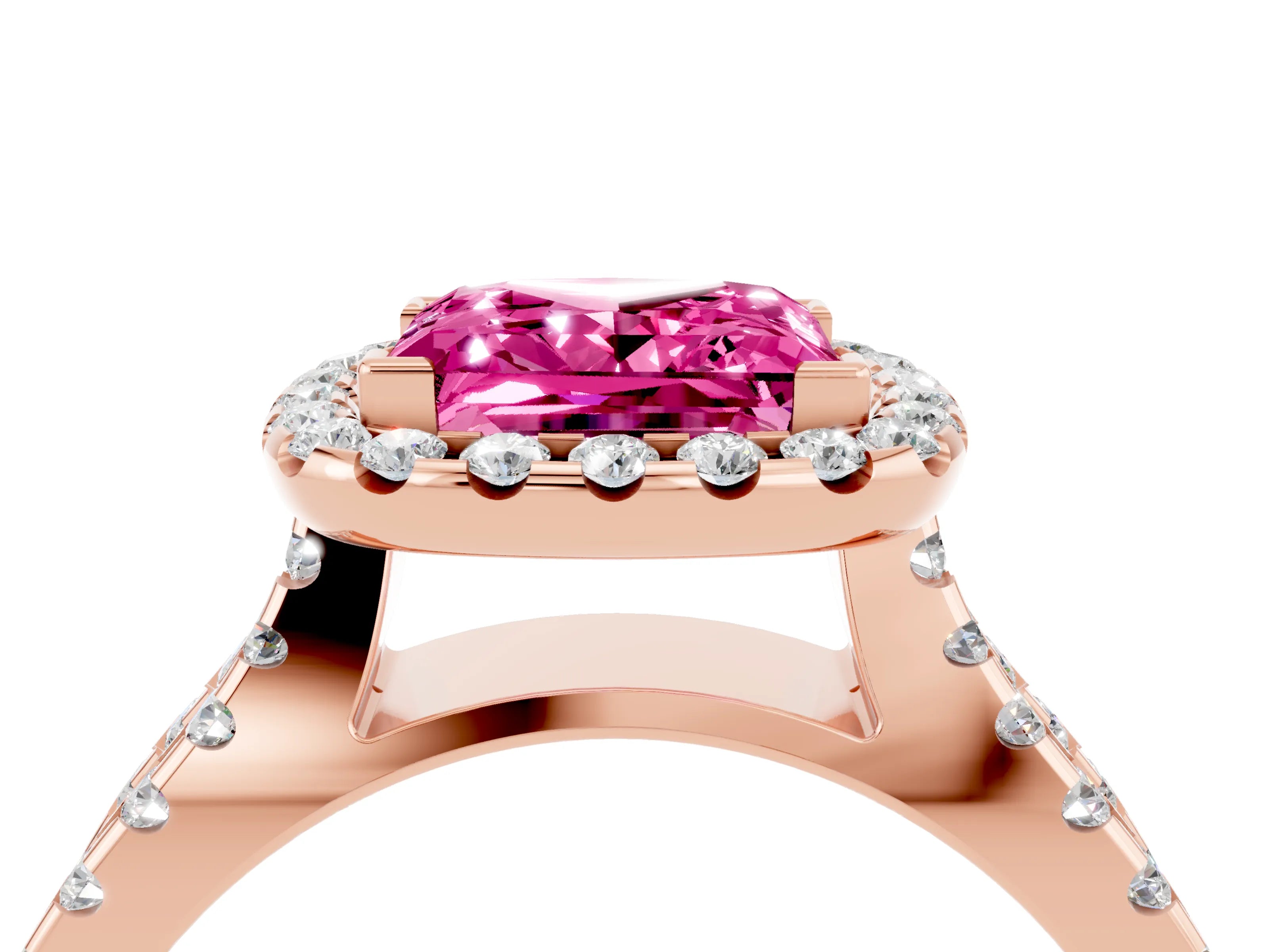 Rose gold Princess Cut Pink Sapphire Halo Ring with Split Shank Pavé Band and Prong Setting_16
