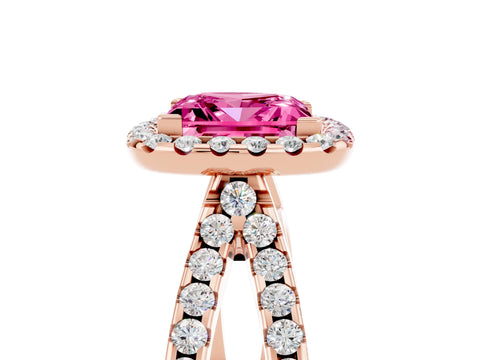 Rose gold Princess Cut Pink Sapphire Halo Ring with Split Shank Pavé Band and Prong Setting_17