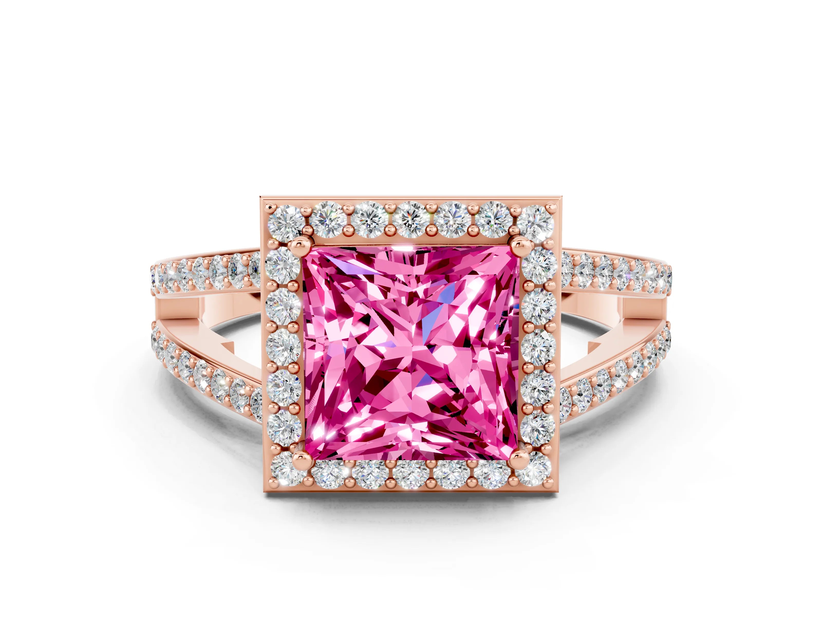 Rose gold Princess Cut Pink Sapphire Halo Ring with Split Shank U-Prong Band and Four-Prong Setting
