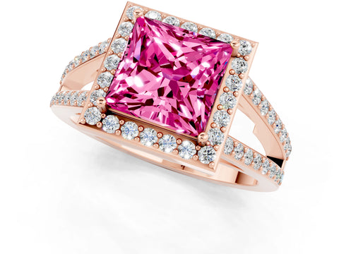 Rose gold Princess Cut Pink Sapphire Halo Ring with Split Shank U-Prong Band and Four-Prong Setting_1