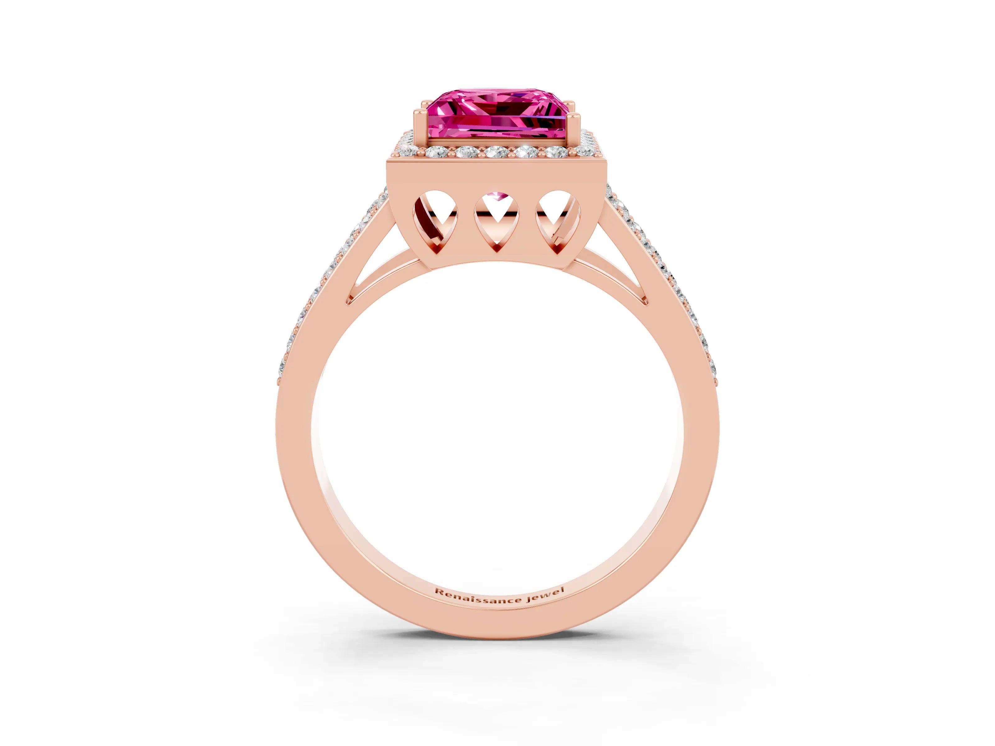 Rose gold Princess Cut Pink Sapphire Halo Ring with Split Shank U-Prong Band and Four-Prong Setting_3