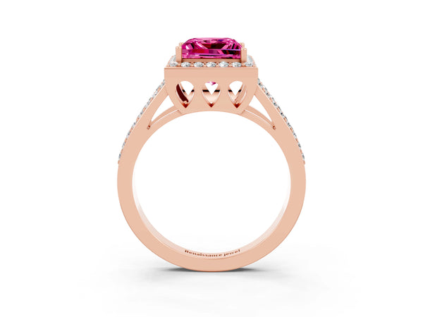 Rose gold Princess Cut Pink Sapphire Halo Ring with Split Shank U-Prong Band and Four-Prong Setting