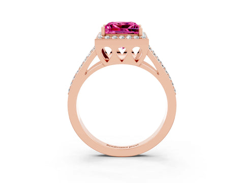 Rose gold Princess Cut Pink Sapphire Halo Ring with Split Shank U-Prong Band and Four-Prong Setting_3