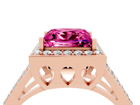 Rose gold Princess Cut Pink Sapphire Halo Ring with Split Shank U-Prong Band and Four-Prong Setting_4