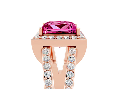 Rose gold Princess Cut Pink Sapphire Halo Ring with Split Shank U-Prong Band and Four-Prong Setting_5