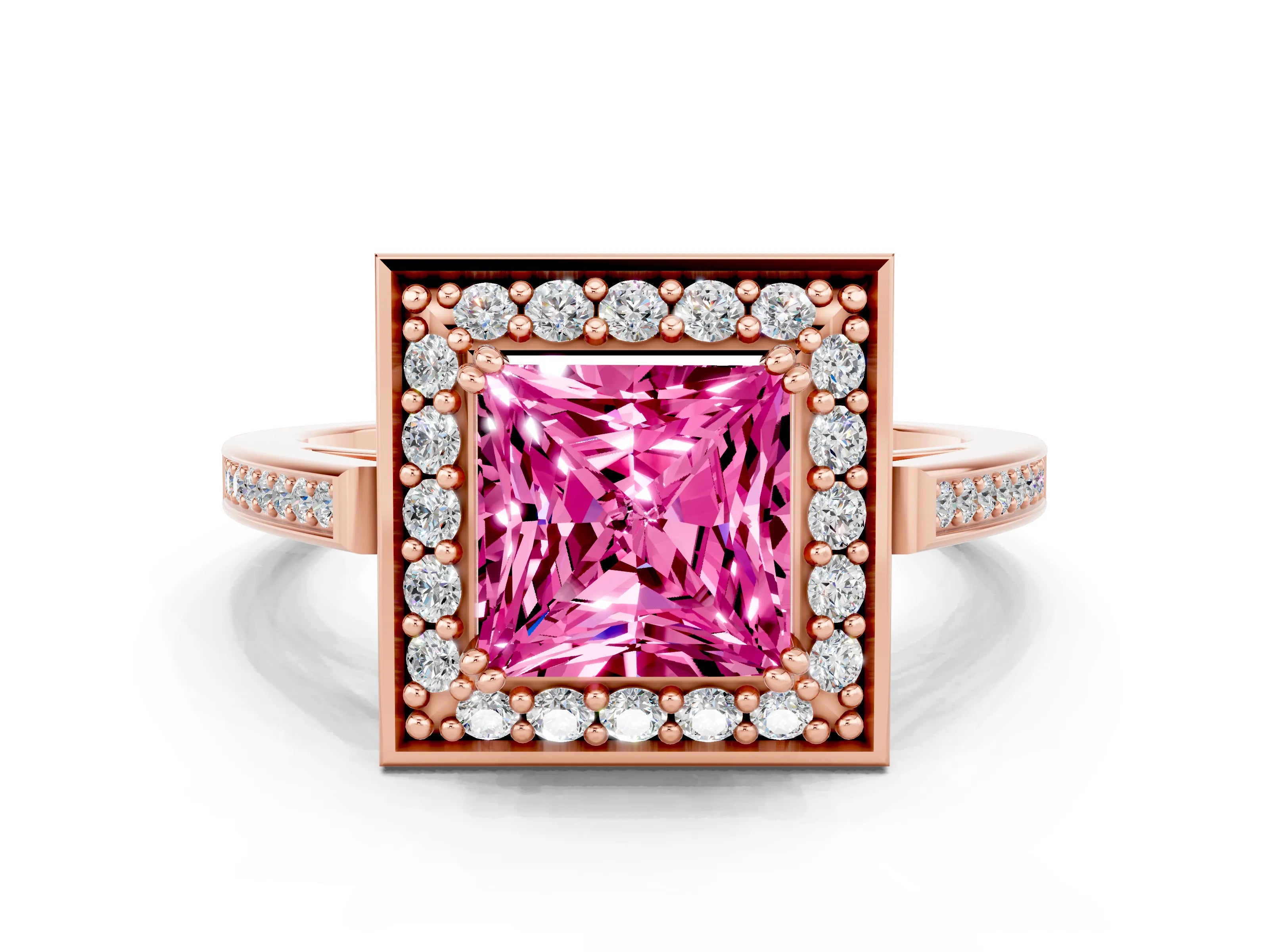 Rose gold Princess Cut Pink Sapphire Halo Ring with Split Shank and Four-Prong Setting