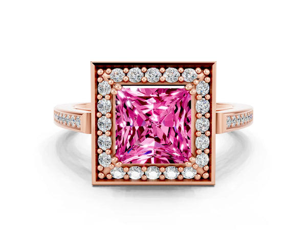 Rose gold Princess Cut Pink Sapphire Halo Ring with Split Shank and Four-Prong Setting