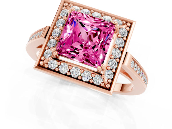 Rose gold Princess Cut Pink Sapphire Halo Ring with Split Shank and Four-Prong Setting
