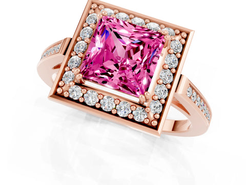 Rose gold Princess Cut Pink Sapphire Halo Ring with Split Shank and Four-Prong Setting_1