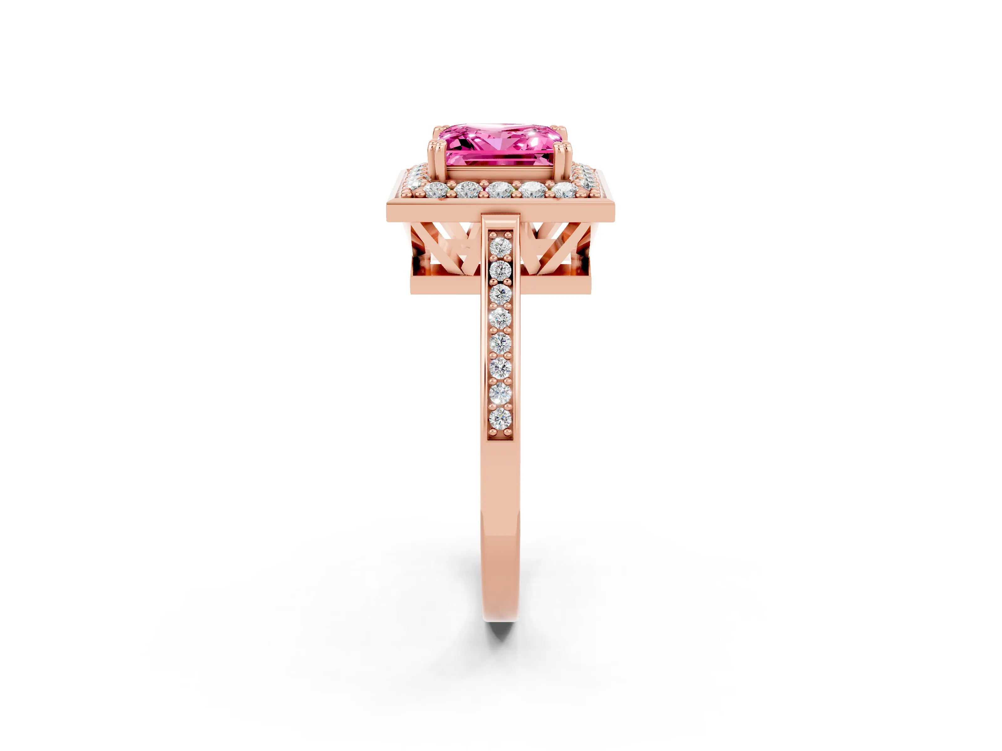 Rose gold Princess Cut Pink Sapphire Halo Ring with Split Shank and Four-Prong Setting_2